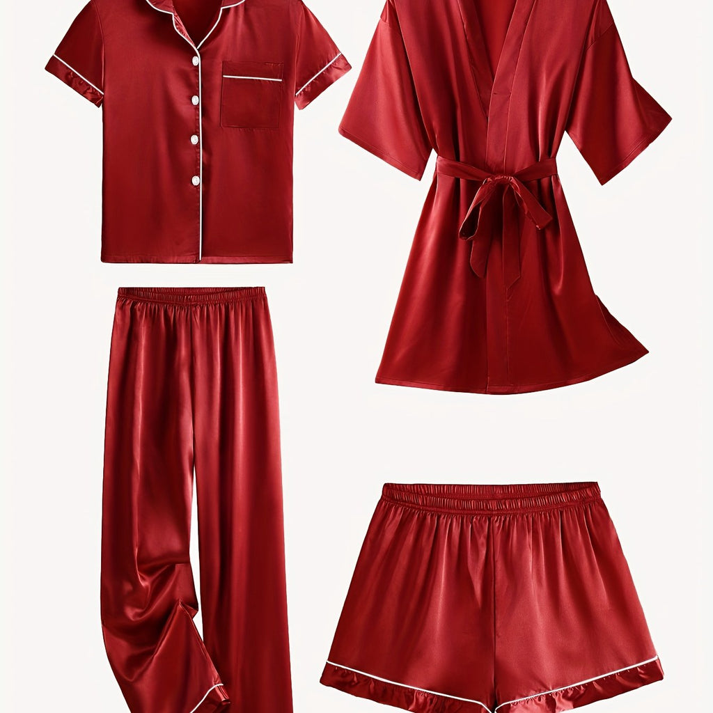 JULIETTE | 4-PIECE SOLID SATIN PAJAMA MID-SLEEVE ROBE SET Bennet & Stone London