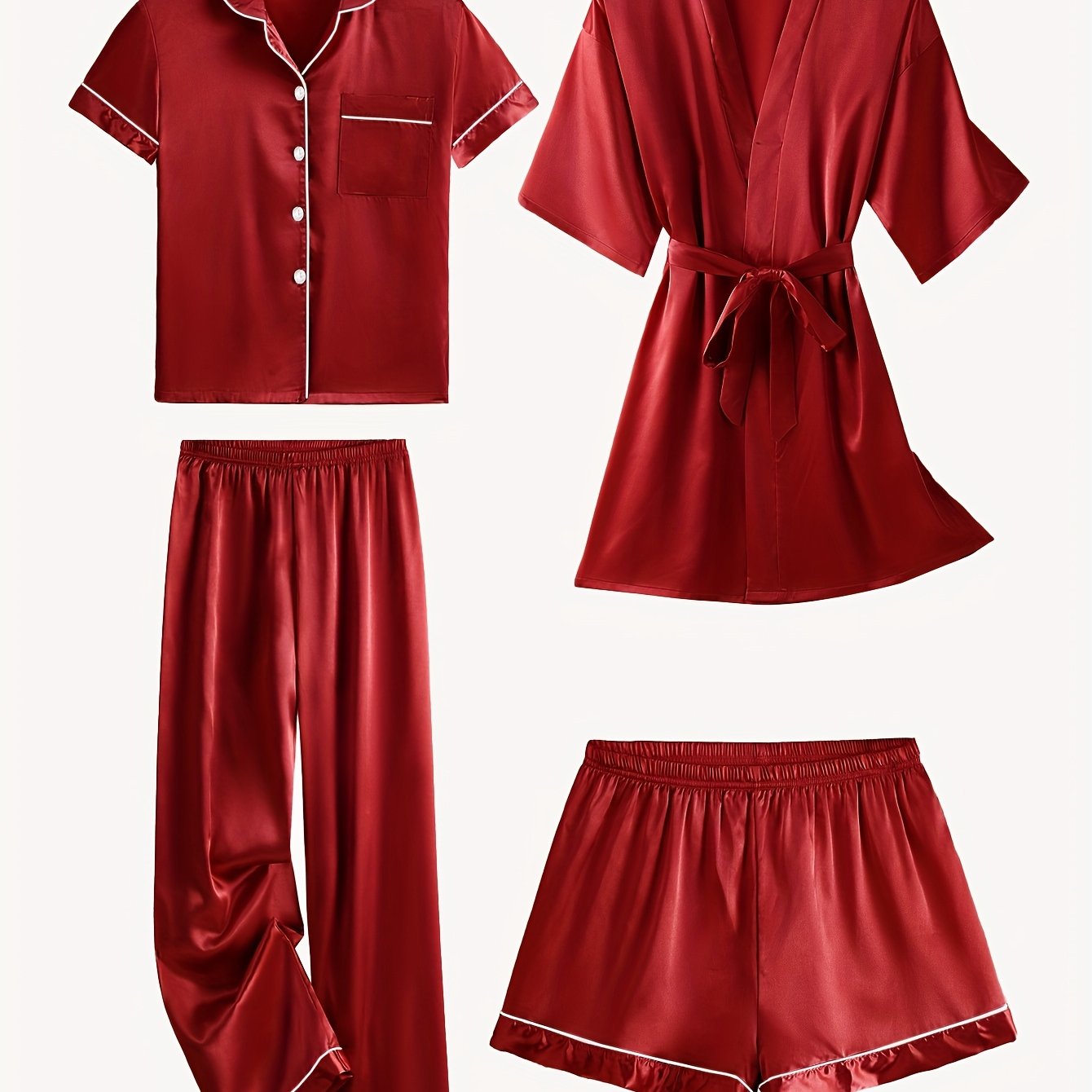 JULIETTE | 4-PIECE SOLID SATIN PAJAMA MID-SLEEVE ROBE SET Bennet & Stone London