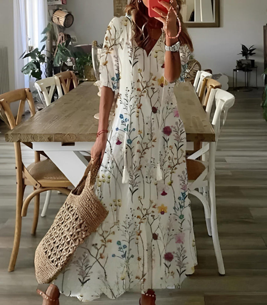 CELESTE | BOHO VINTAGE V-NECK SUMMER DRESS Bennet & Stone London