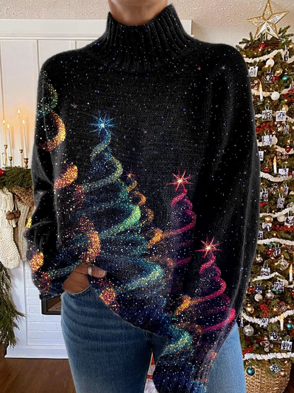 POPPY | GLITTER CHRISTMAS TREE TURTLENECK SWEATER Bennet & Stone London