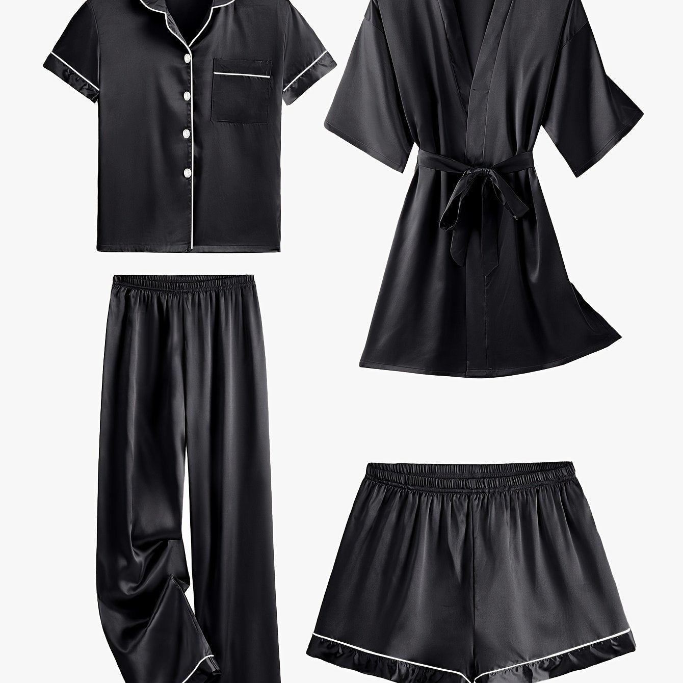 JULIETTE | 4-PIECE SOLID SATIN PAJAMA MID-SLEEVE ROBE SET Bennet & Stone London