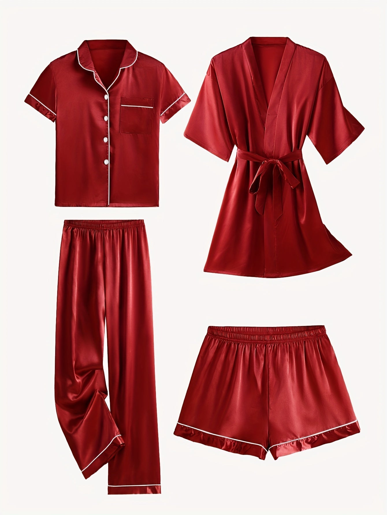 JULIETTE | 4-PIECE SOLID SATIN PAJAMA MID-SLEEVE ROBE SET Bennet & Stone London