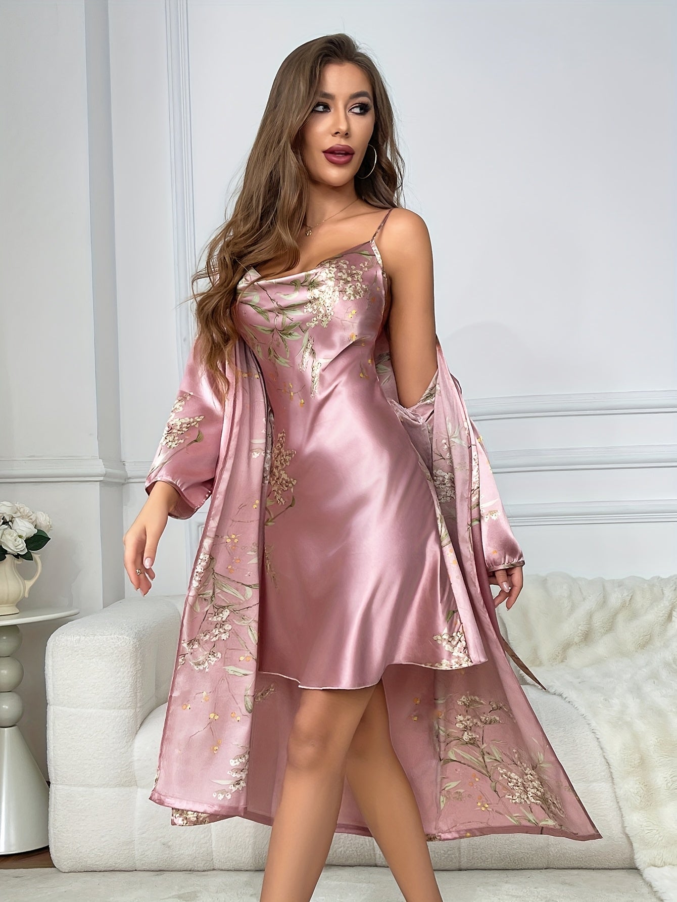 ROSALYNN | 2-PIECE FLORAL SATIN CAMISOLE & ROBE SET Bennet & Stone London