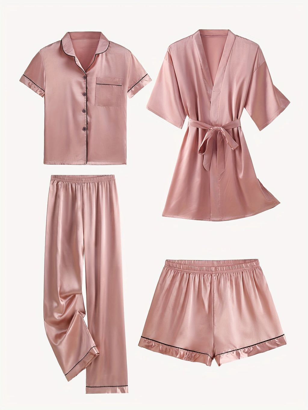 JULIETTE | 4-PIECE SOLID SATIN PAJAMA MID-SLEEVE ROBE SET Bennet & Stone London