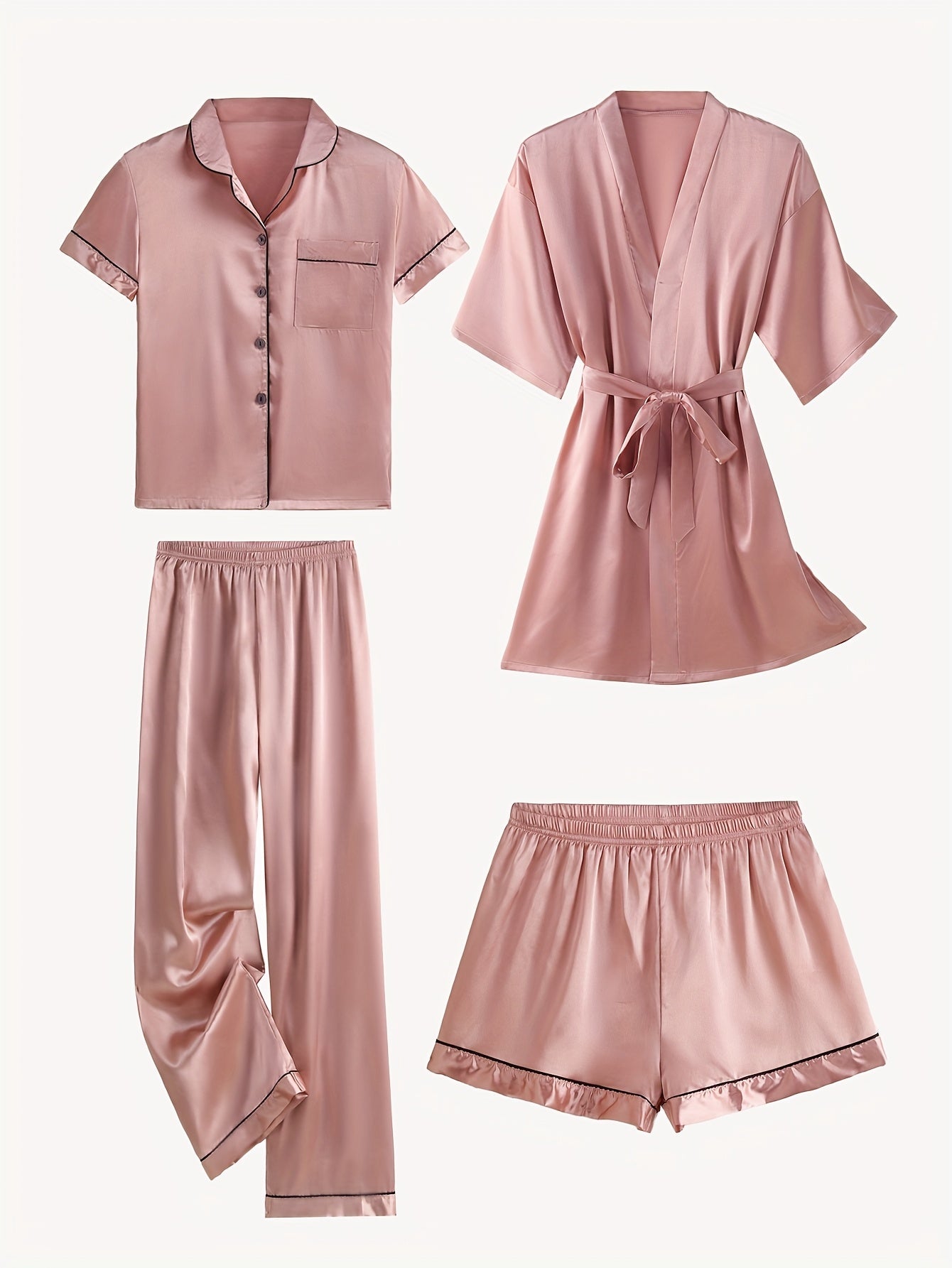 JULIETTE | 4-PIECE SOLID SATIN PAJAMA MID-SLEEVE ROBE SET Bennet & Stone London