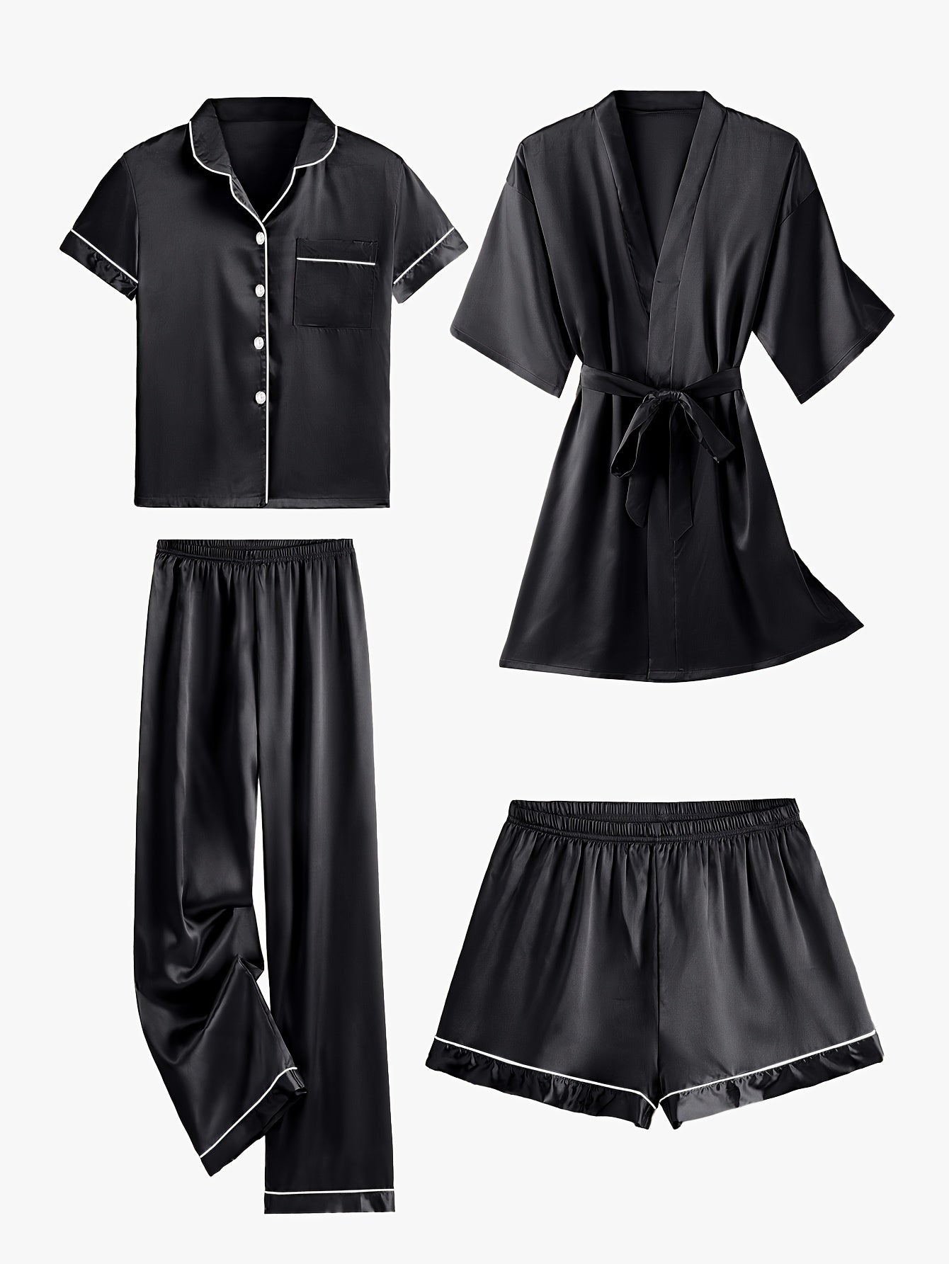 JULIETTE | 4-PIECE SOLID SATIN PAJAMA MID-SLEEVE ROBE SET Bennet & Stone London