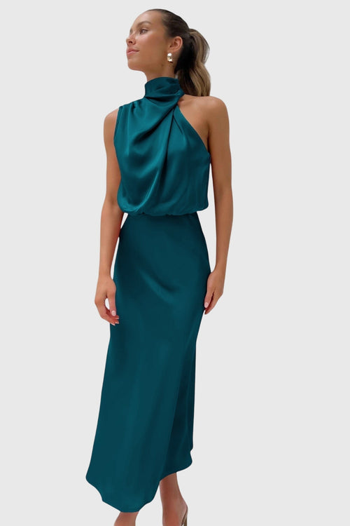 AVA | GLAMOROUS SATIN HALTER DRESS Bennet & Stone London