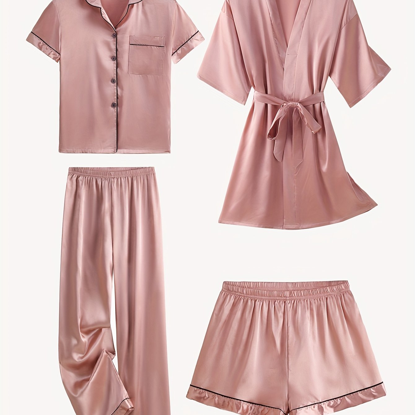 JULIETTE | 4-PIECE SOLID SATIN PAJAMA MID-SLEEVE ROBE SET Bennet & Stone London