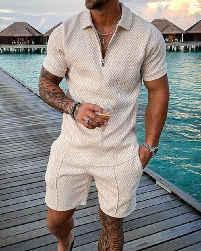 LUKAS | CREAM POLO SHIRT & SHORTS SET WITH NOTCHED COLLAR Bennet & Stone London
