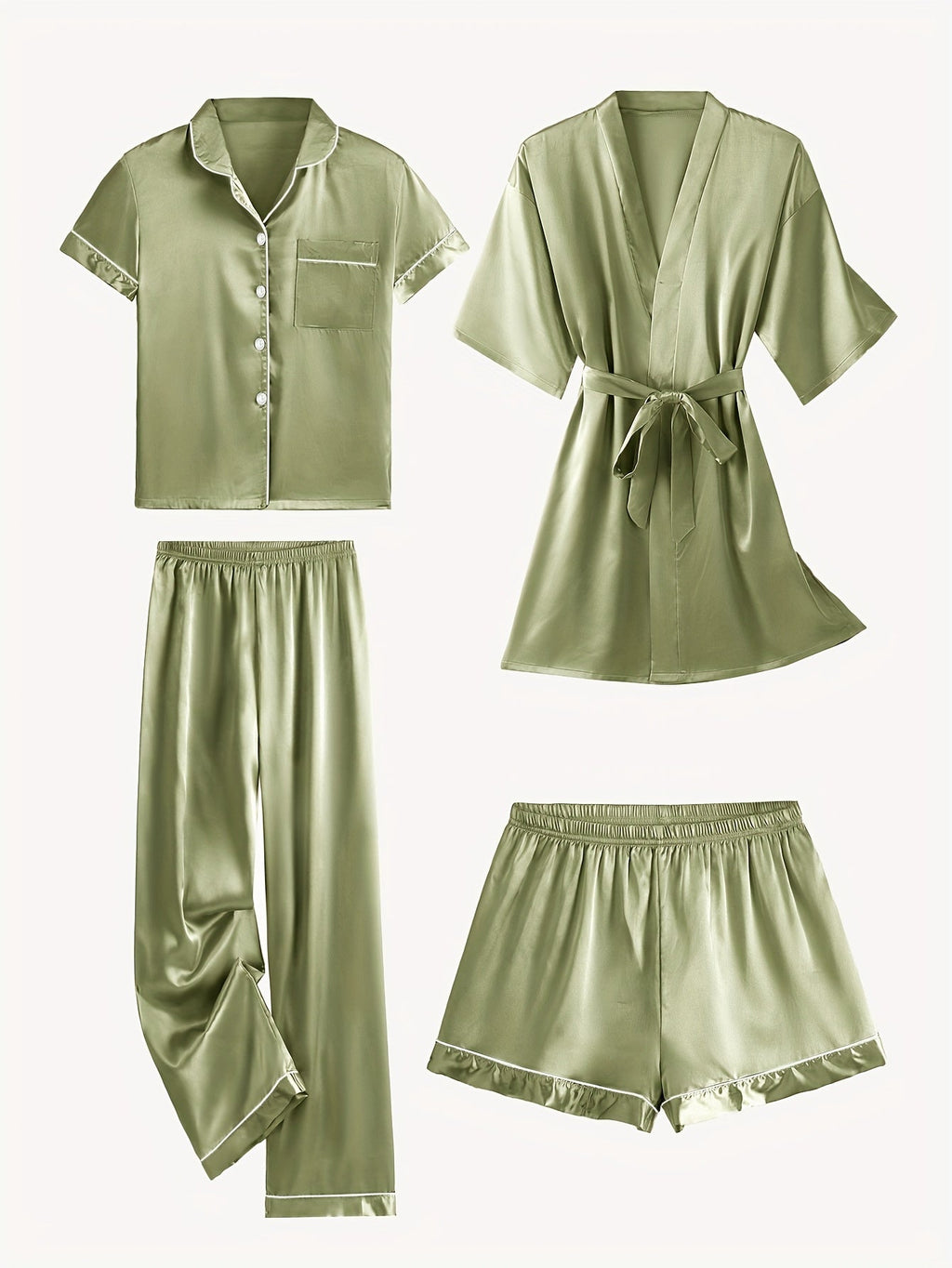 JULIETTE | 4-PIECE SOLID SATIN PAJAMA MID-SLEEVE ROBE SET Bennet & Stone London