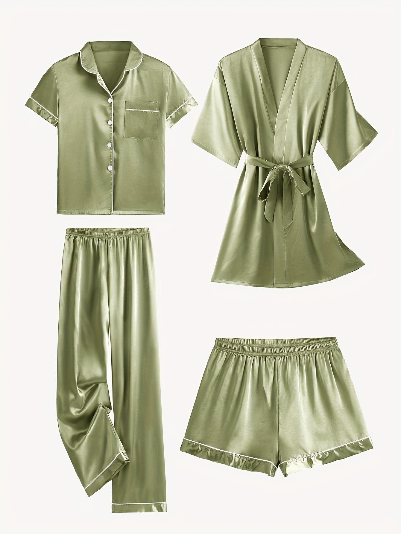JULIETTE | 4-PIECE SOLID SATIN PAJAMA MID-SLEEVE ROBE SET Bennet & Stone London