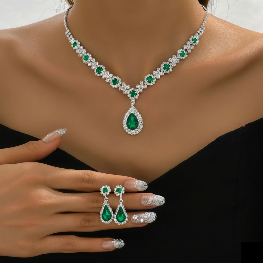 ISOBEL | EMERALD CRYSTAL NECKLACE & EARRING SET Bennet & Stone London