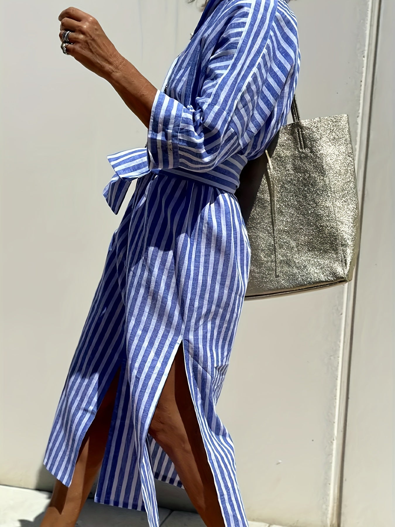 CHRISTINE | STRIPED PRINT DRESS WITH BUTTON CLOSURE AND BELT Bennet & Stone London