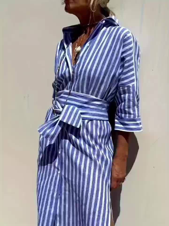 CHRISTINE | STRIPED PRINT DRESS WITH BUTTON CLOSURE AND BELT Bennet & Stone London