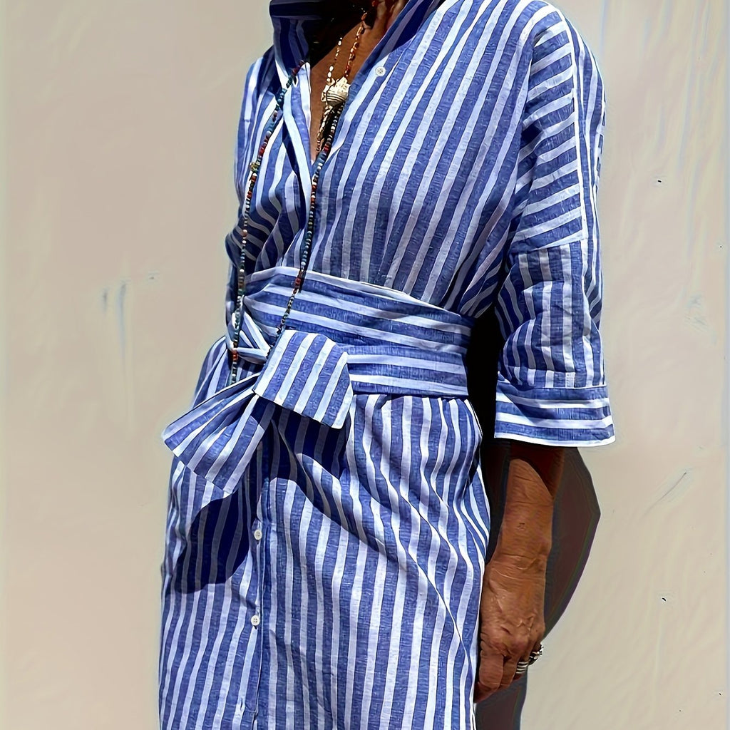 CHRISTINE | STRIPED PRINT DRESS WITH BUTTON CLOSURE AND BELT Bennet & Stone London