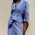 CHRISTINE | STRIPED PRINT DRESS WITH BUTTON CLOSURE AND BELT Bennet & Stone London