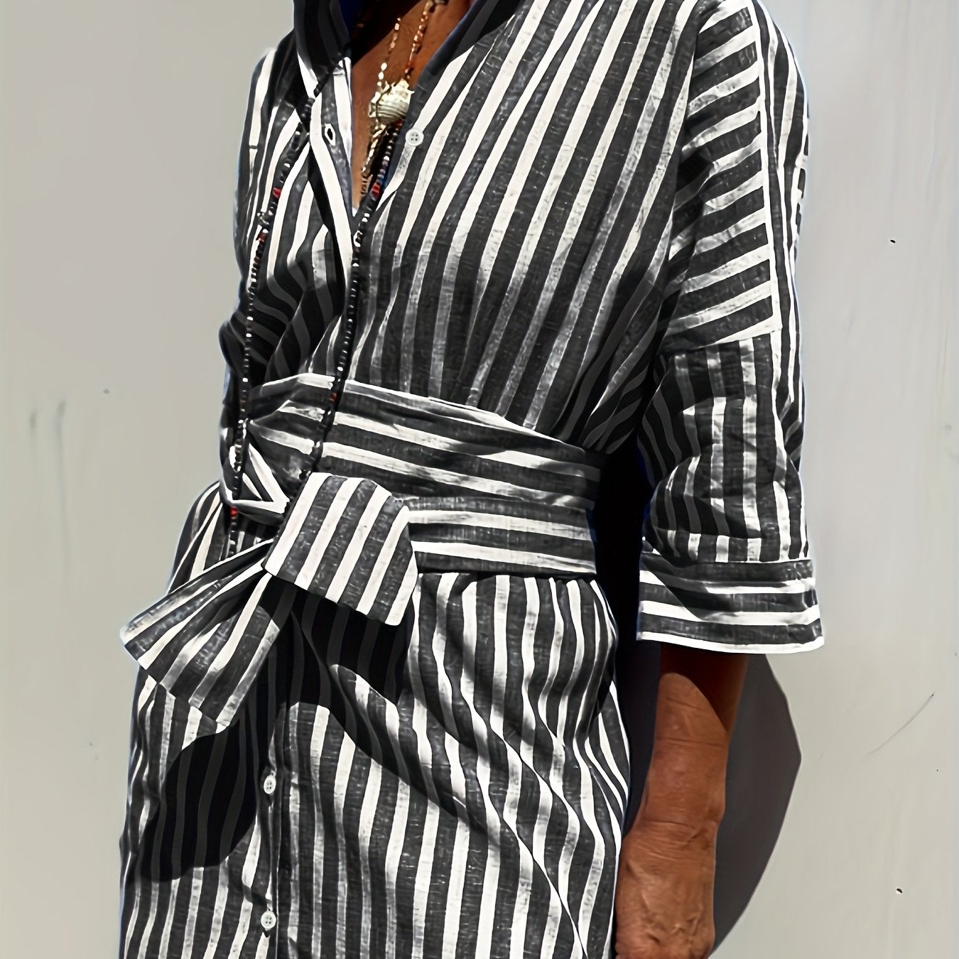 CHRISTINE | STRIPED PRINT DRESS WITH BUTTON CLOSURE AND BELT Bennet & Stone London