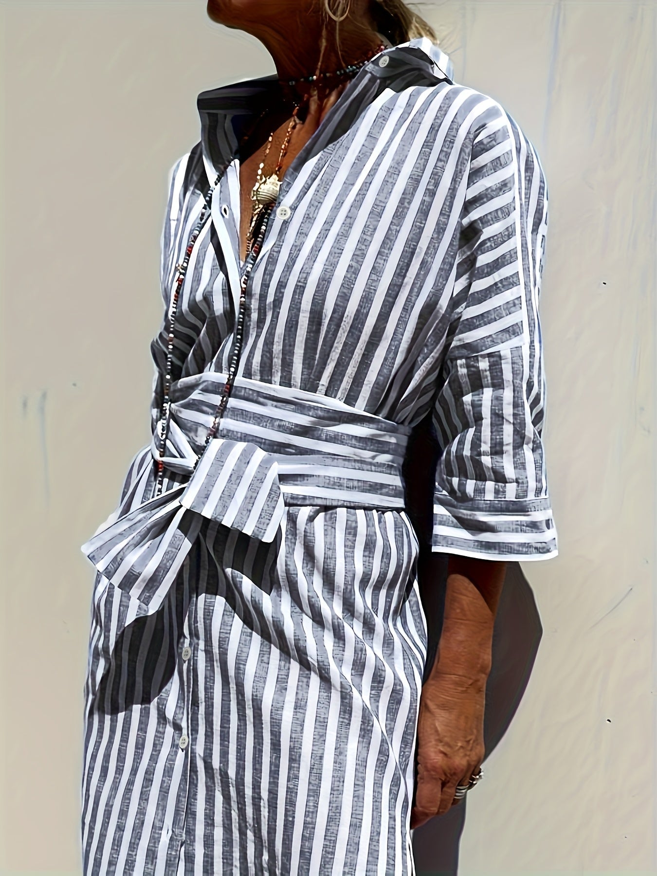 CHRISTINE | STRIPED PRINT DRESS WITH BUTTON CLOSURE AND BELT Bennet & Stone London