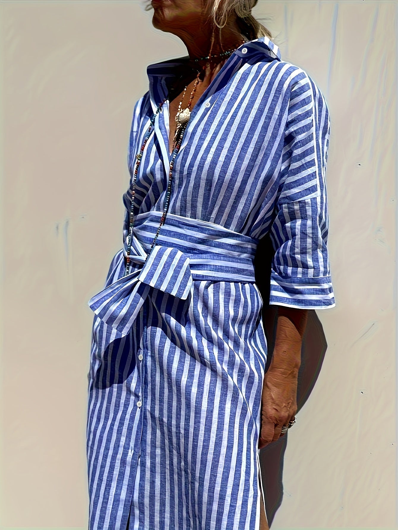 CHRISTINE | STRIPED PRINT DRESS WITH BUTTON CLOSURE AND BELT Bennet & Stone London