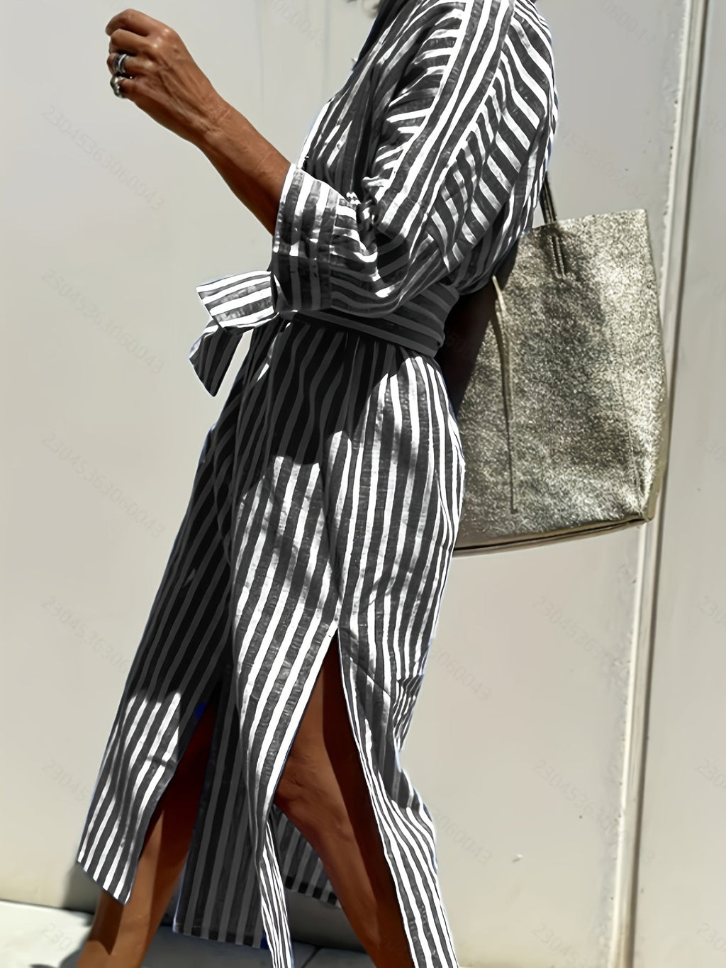 CHRISTINE | STRIPED PRINT DRESS WITH BUTTON CLOSURE AND BELT Bennet & Stone London