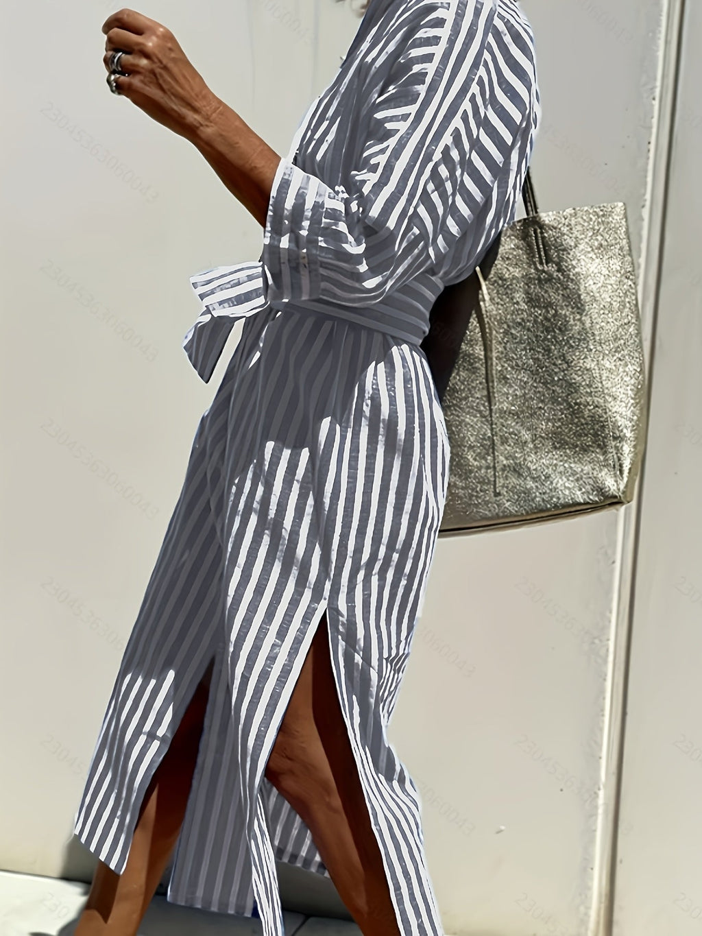 CHRISTINE | STRIPED PRINT DRESS WITH BUTTON CLOSURE AND BELT Bennet & Stone London