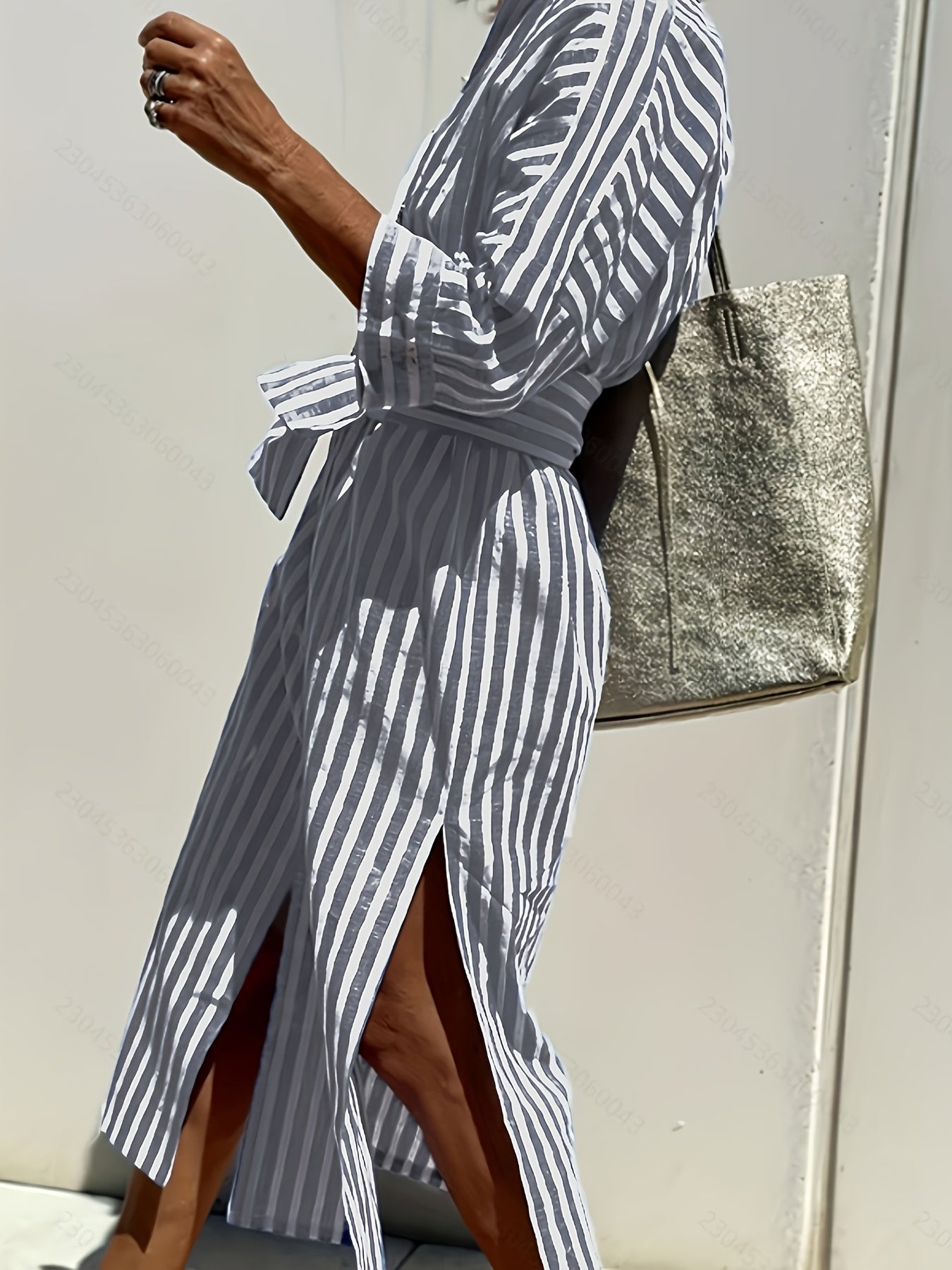 CHRISTINE | STRIPED PRINT DRESS WITH BUTTON CLOSURE AND BELT Bennet & Stone London