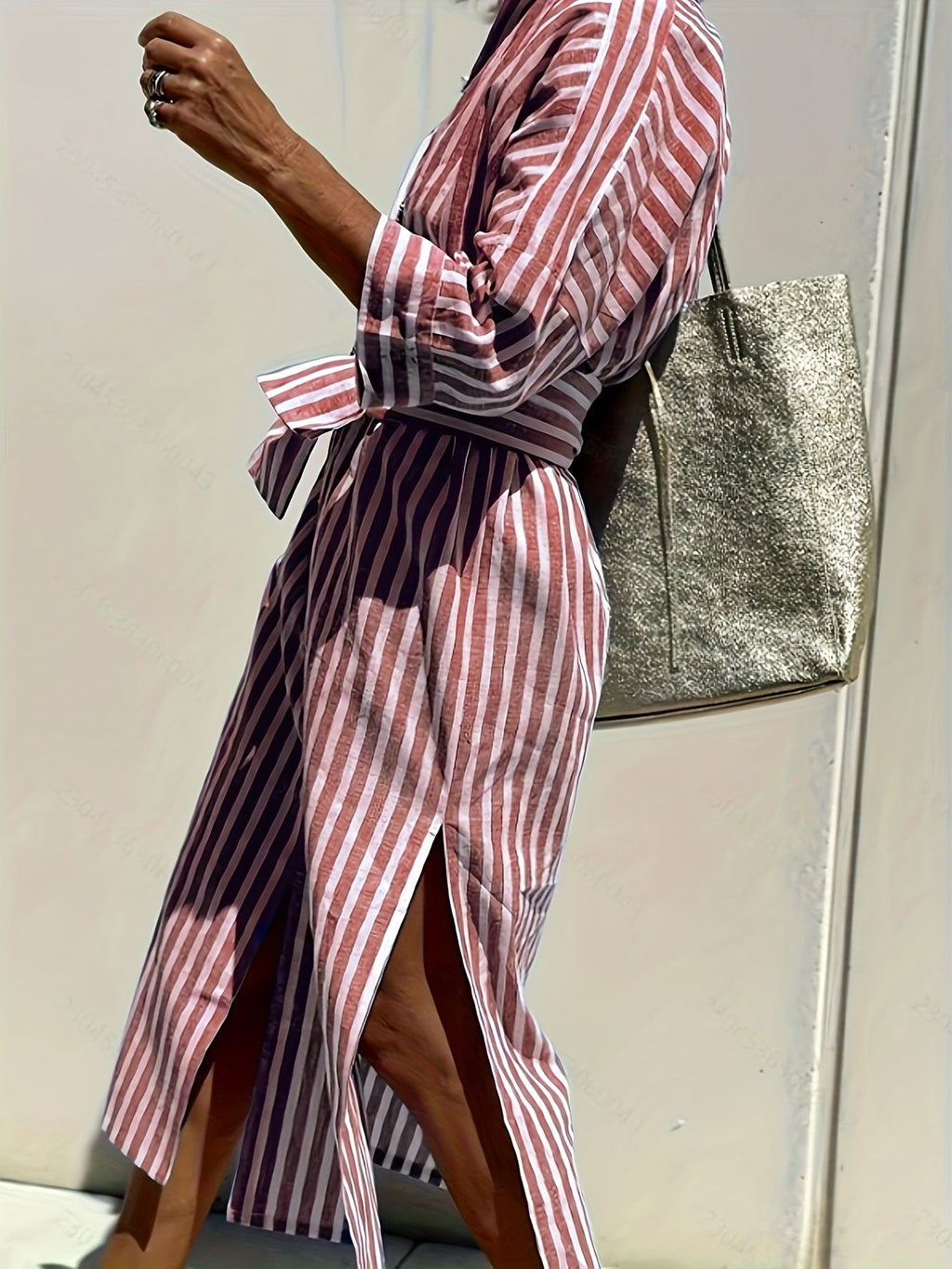 CHRISTINE | STRIPED PRINT DRESS WITH BUTTON CLOSURE AND BELT Bennet & Stone London