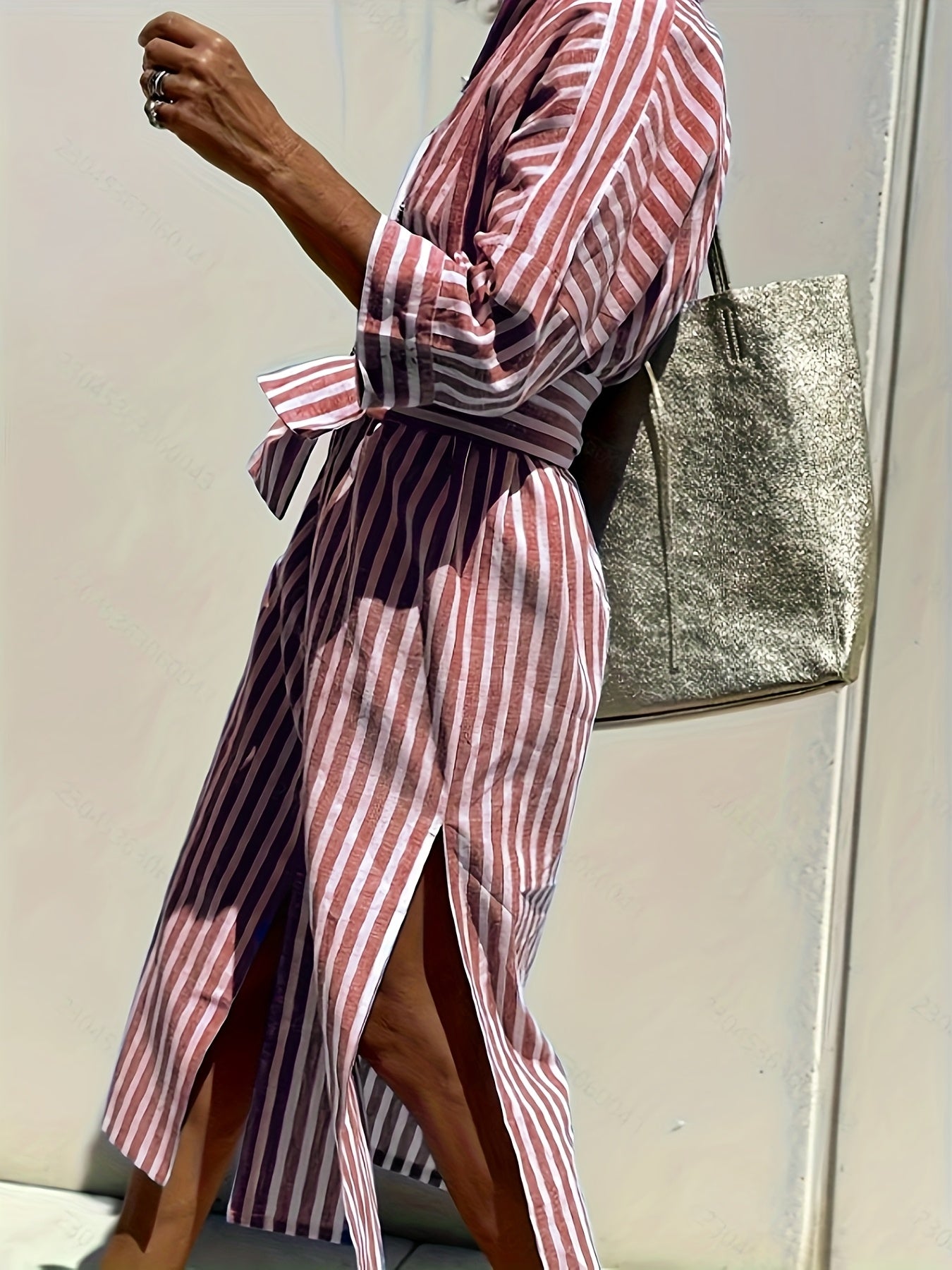 CHRISTINE | STRIPED PRINT DRESS WITH BUTTON CLOSURE AND BELT Bennet & Stone London