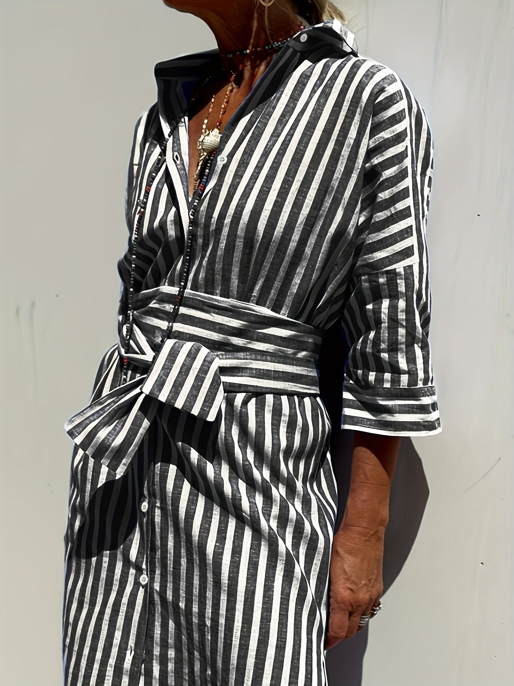 CHRISTINE | STRIPED PRINT DRESS WITH BUTTON CLOSURE AND BELT Bennet & Stone London
