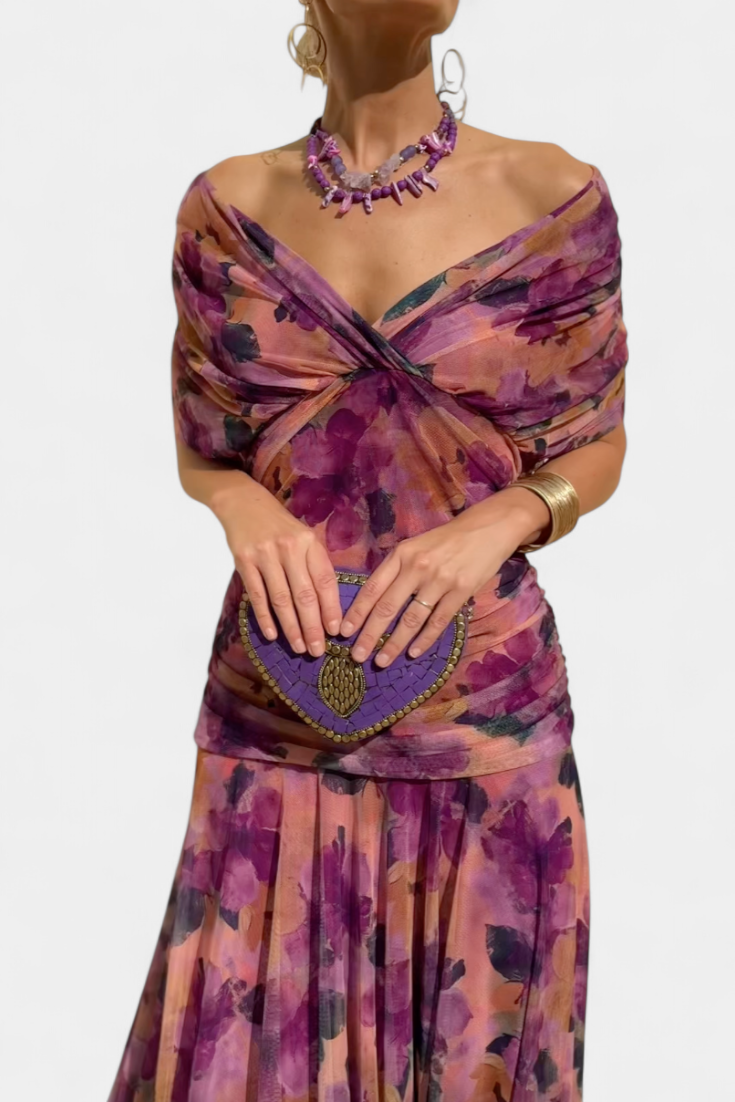 VIVIAN | LONG FLORAL V-NECK DRESS Bennet & Stone London