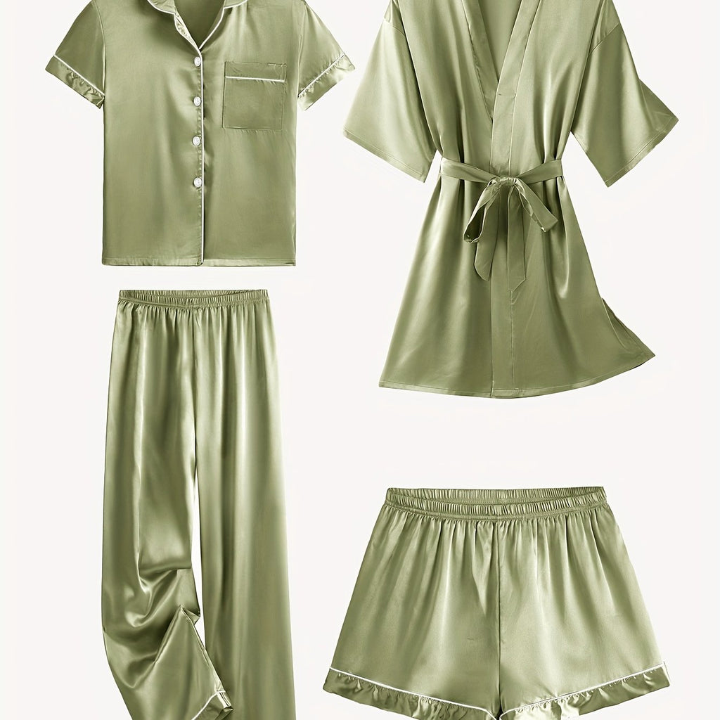 JULIETTE | 4-PIECE SOLID SATIN PAJAMA MID-SLEEVE ROBE SET Bennet & Stone London