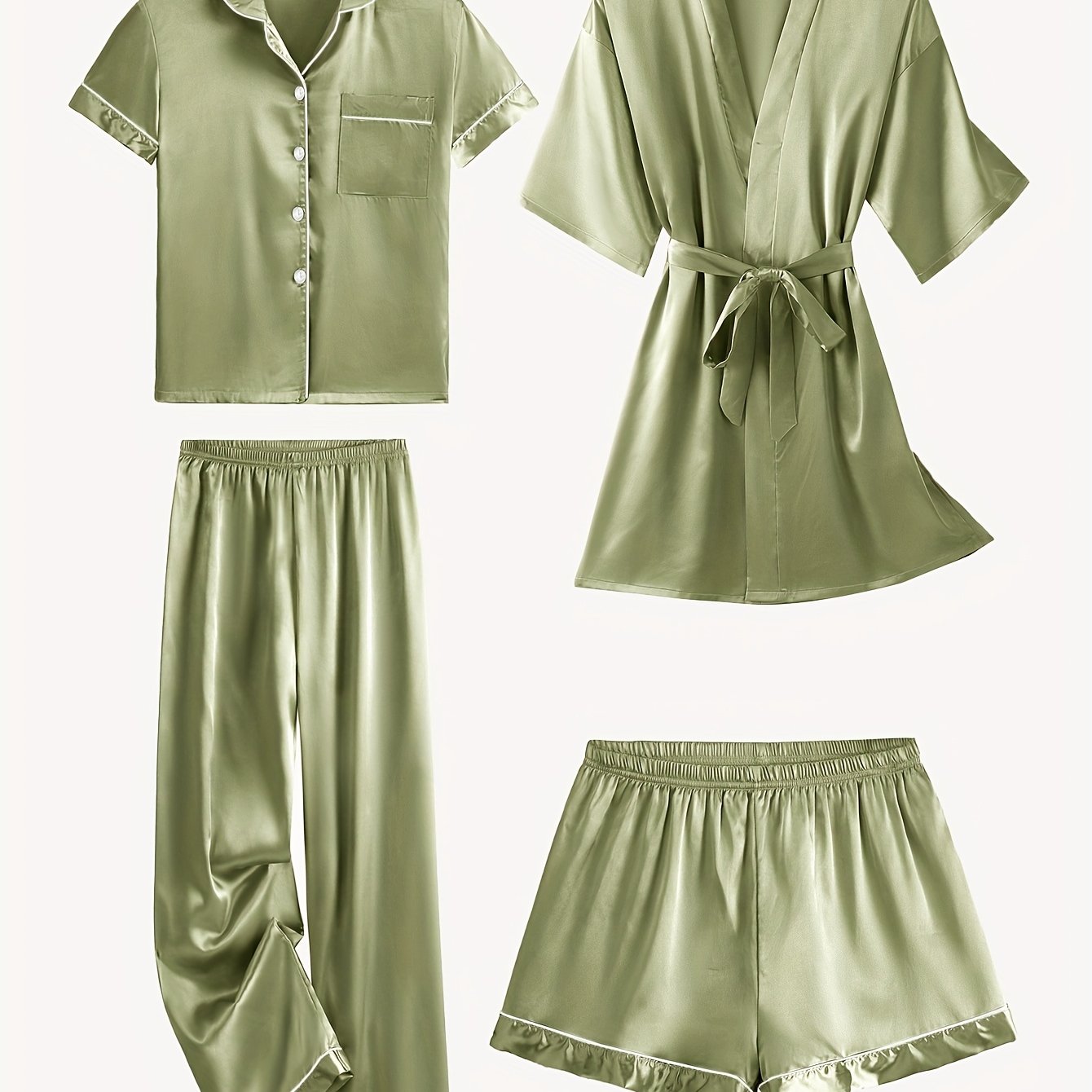 JULIETTE | 4-PIECE SOLID SATIN PAJAMA MID-SLEEVE ROBE SET Bennet & Stone London