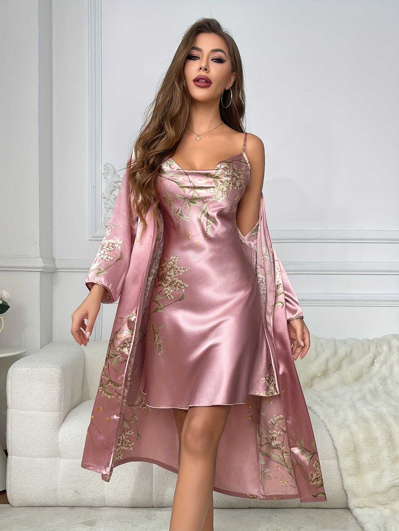 ROSALYNN | 2-PIECE FLORAL SATIN CAMISOLE & ROBE SET Bennet & Stone London