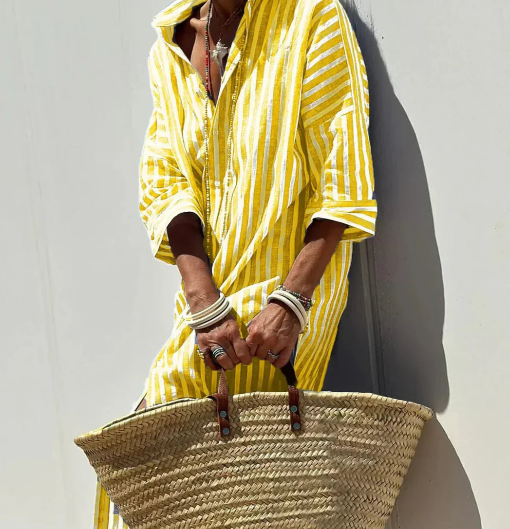 CHRISTINE | STRIPED PRINT DRESS WITH BUTTON CLOSURE AND BELT Bennet & Stone London