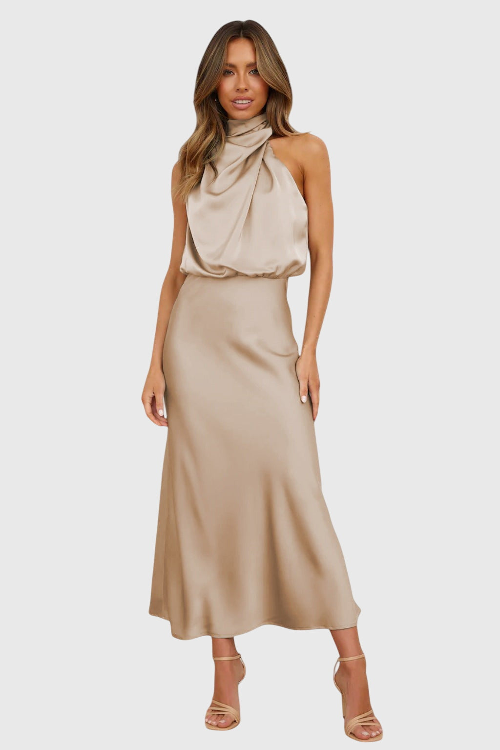 AVA | GLAMOROUS SATIN HALTER DRESS Bennet & Stone London