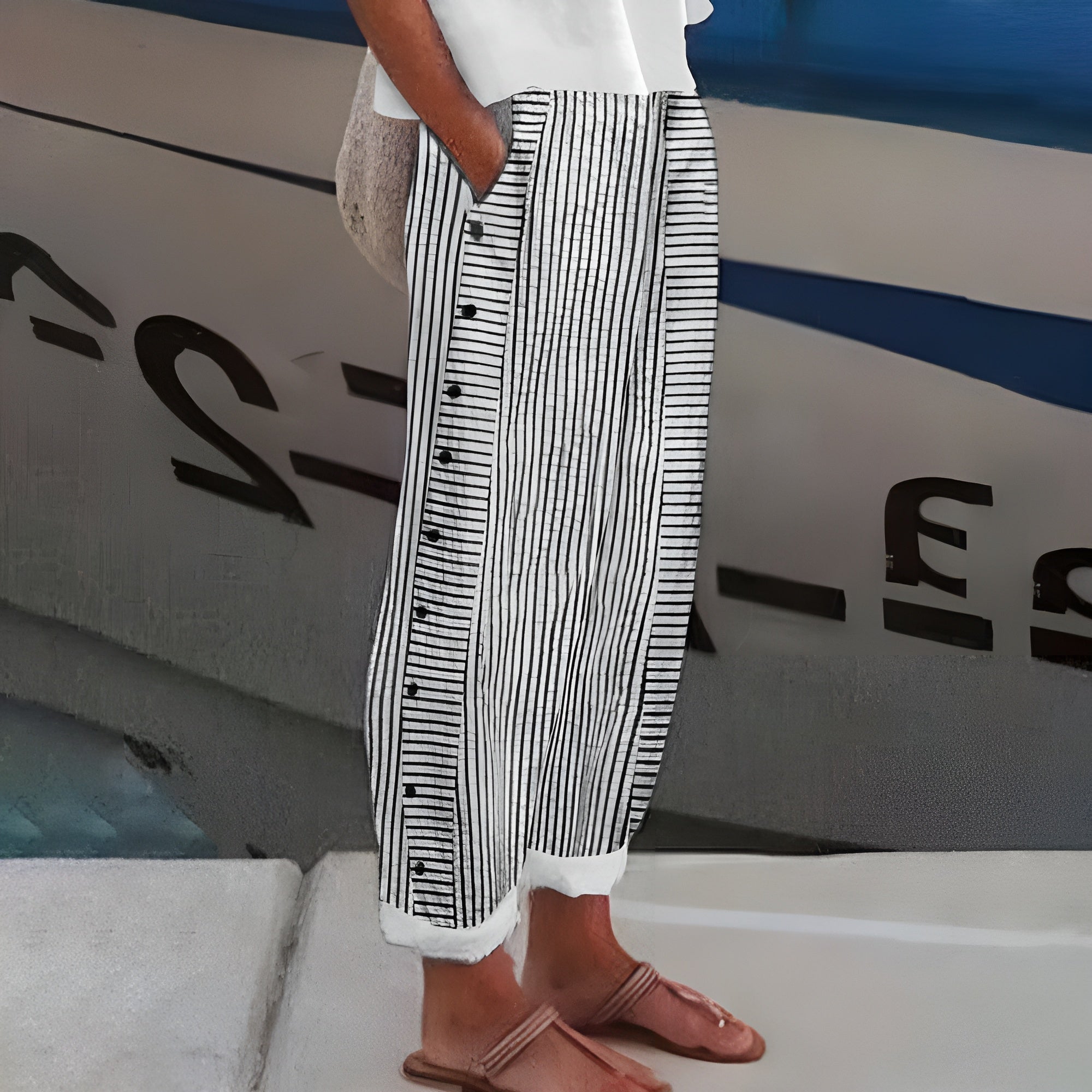 SHIRLEY | STRIPED BUTTON-DETAIL TROUSERS Bennet & Stone London