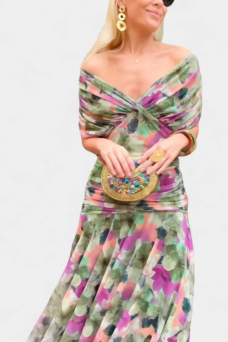 VIVIAN | LONG FLORAL V-NECK DRESS Bennet & Stone London