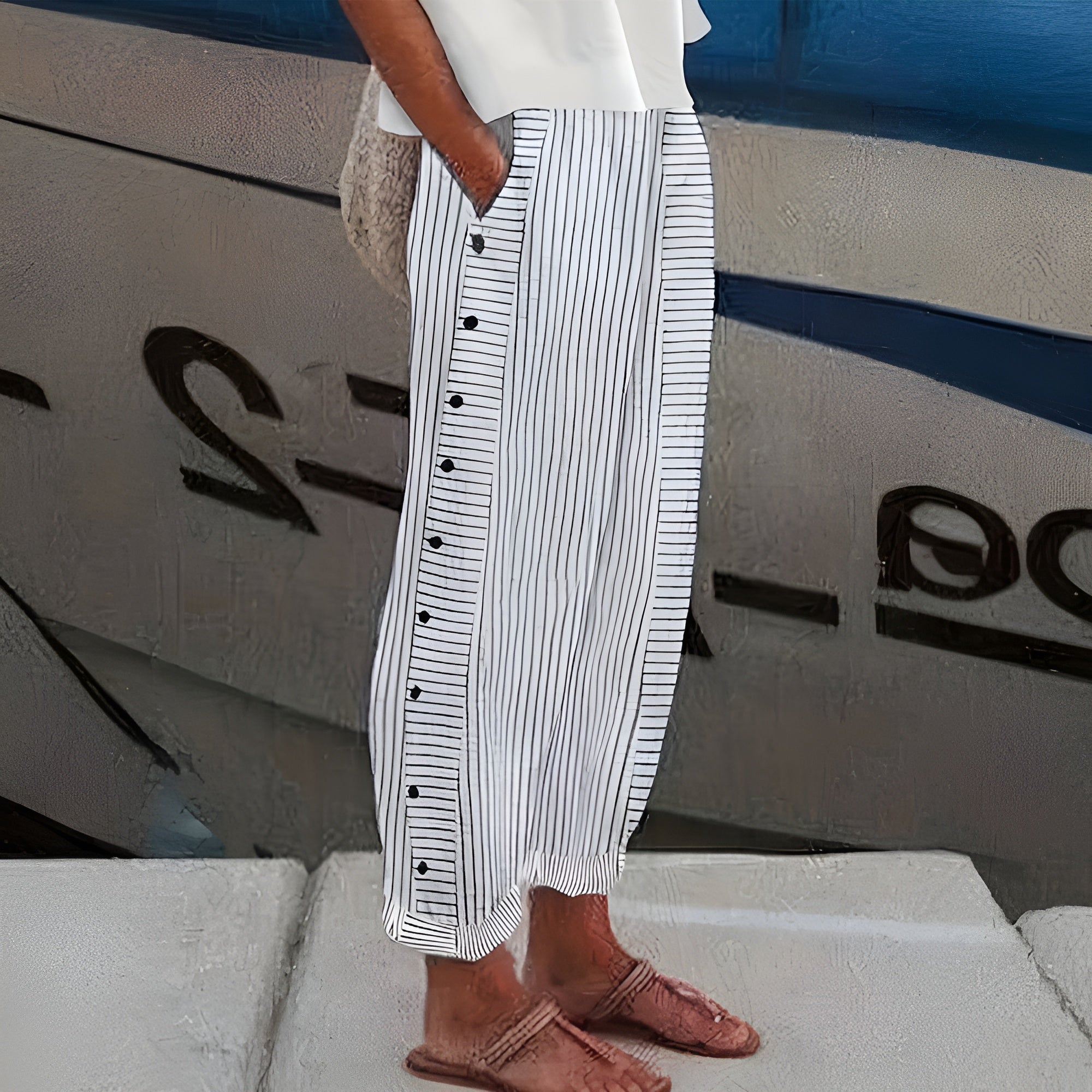 SHIRLEY | STRIPED BUTTON-DETAIL TROUSERS Bennet & Stone London