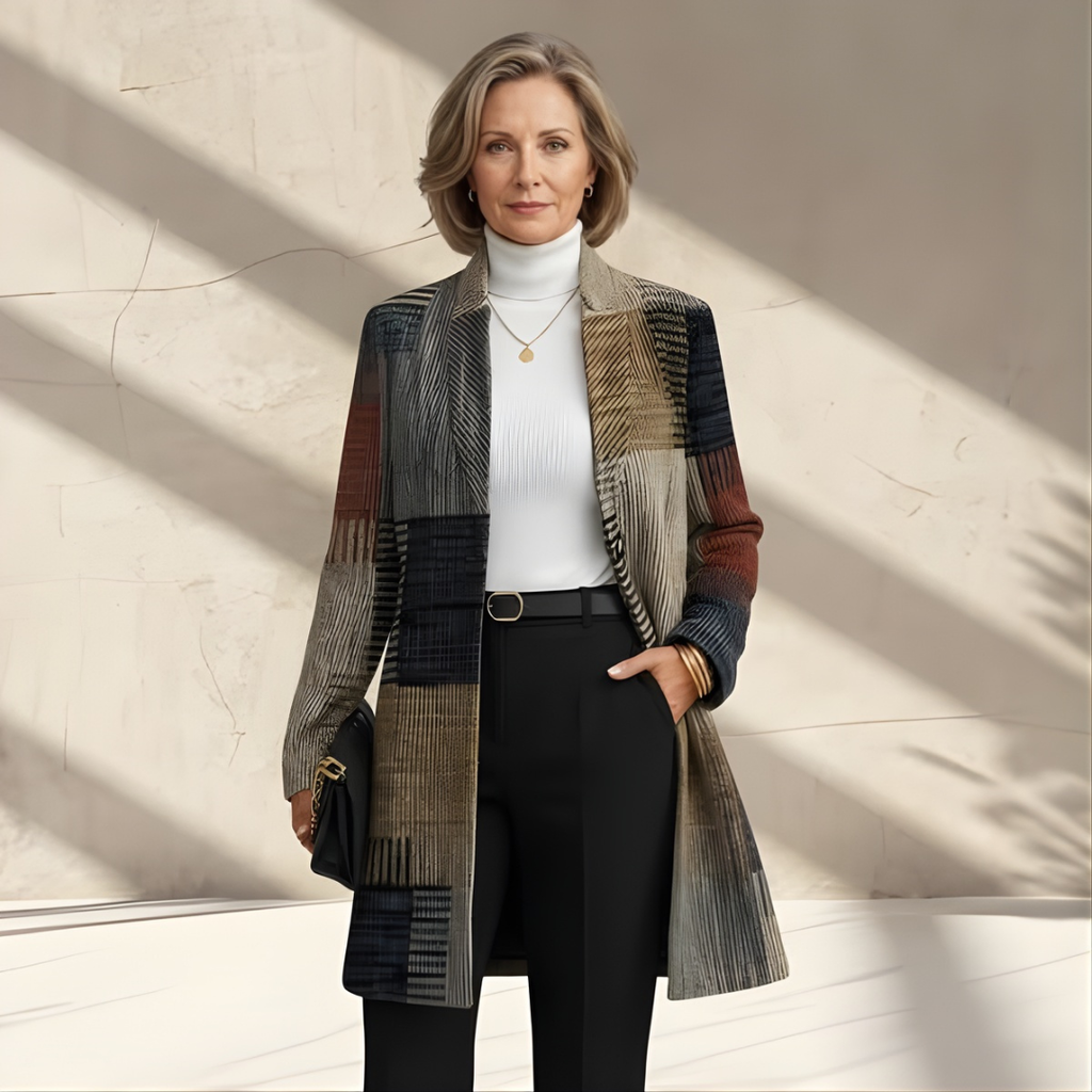 OCTAVIA | PATCHWORK COLLARLESS COAT Bennet & Stone London
