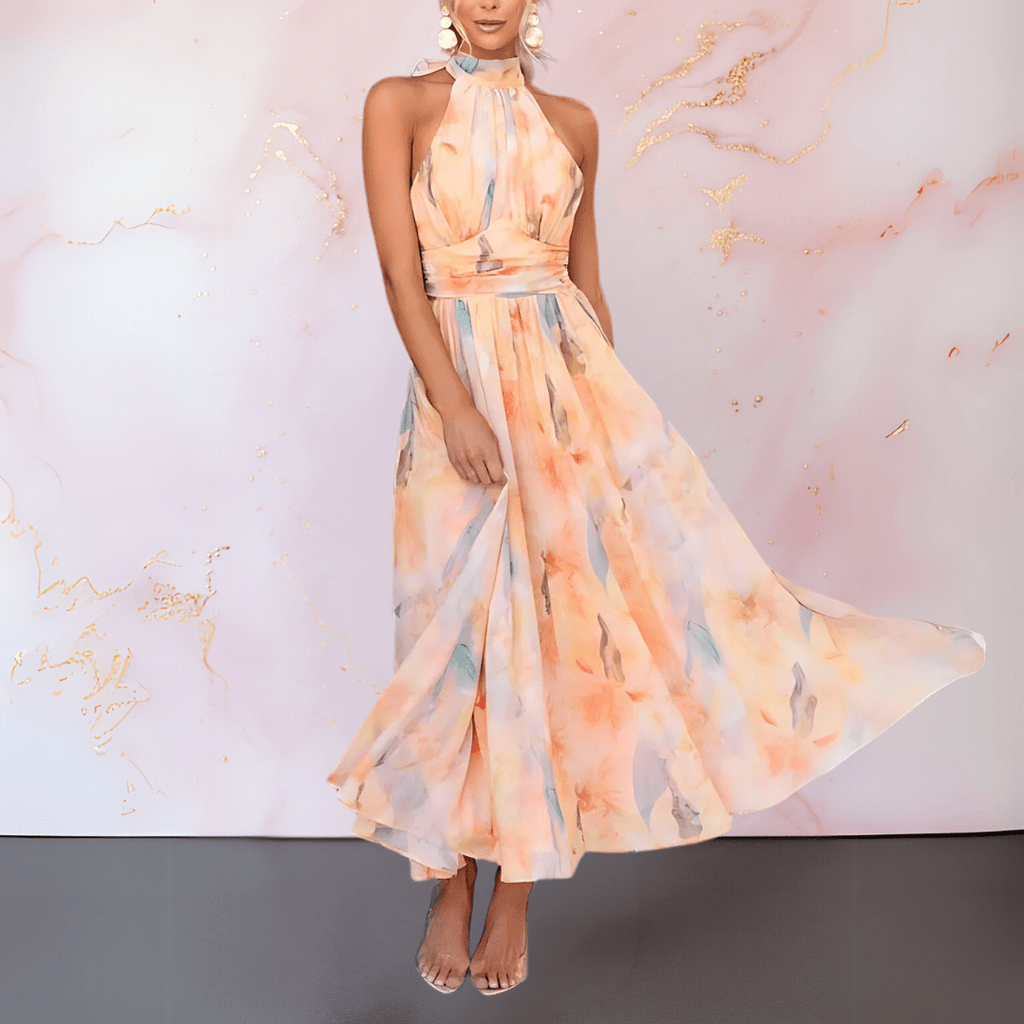 ESTHER | HALTERNECK WATERCOLOUR PRINT DRESS Bennet & Stone London