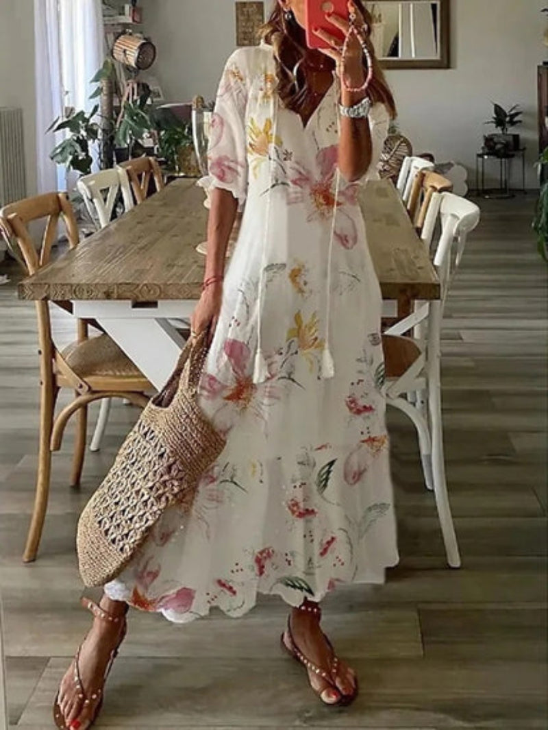 CELESTE | BOHO VINTAGE V-NECK SUMMER DRESS Bennet & Stone London